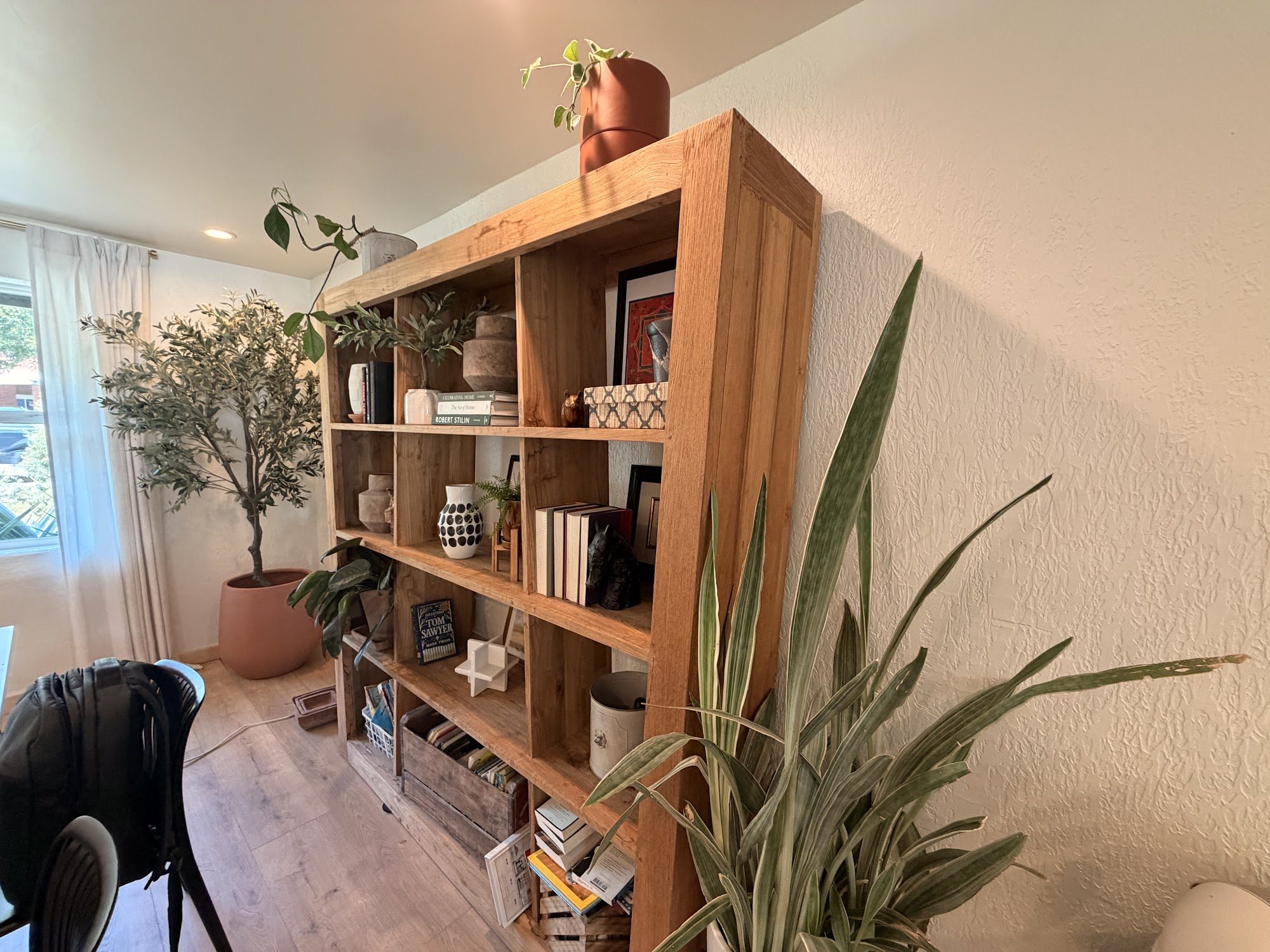Library nook with wooden shelves
