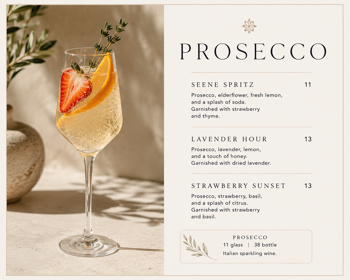 Seene House Prosecco menu — Seene Spritz, Lavender Hour, Strawberry Sunset