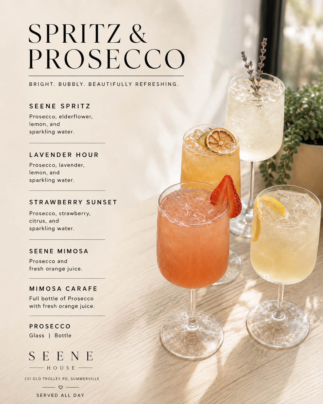 Seene House Spritz & Prosecco menu — Seene Spritz, Lavender Hour, Strawberry Sunset
