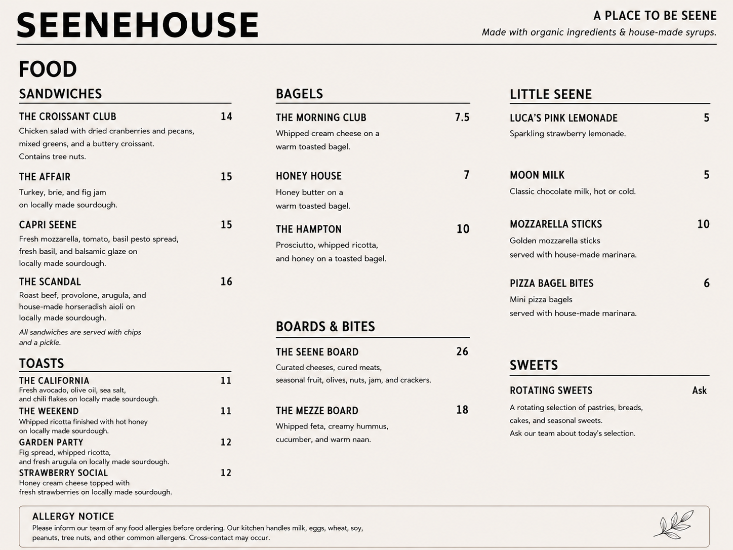 Seene House food menu — Sandwiches, Toasts, Bagels, Boards & Bites, Little Seene, Sweets