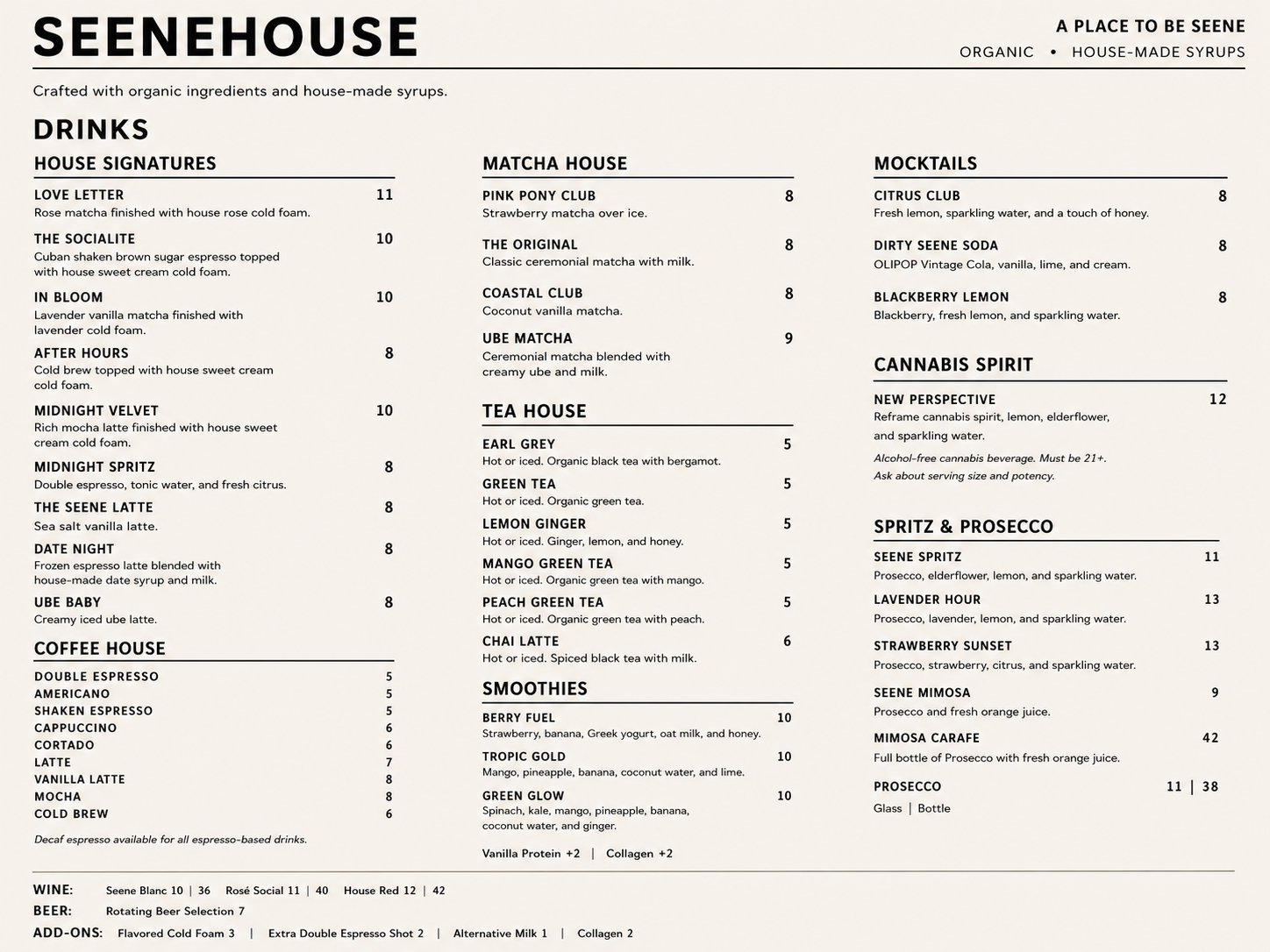 Seene House drinks menu — House Signatures, Coffee House, Matcha House, Tea House, Smoothies, Mocktails, Cannabis Spirit, Spritz & Prosecco