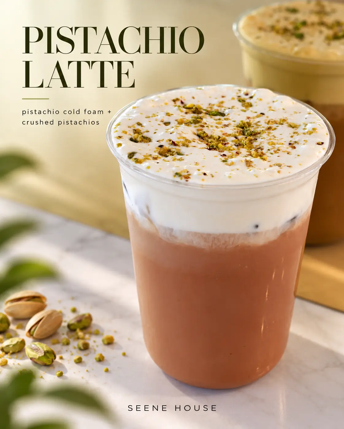 Pistachio Latte — Pistachio cold foam + crushed pistachios at Seene House